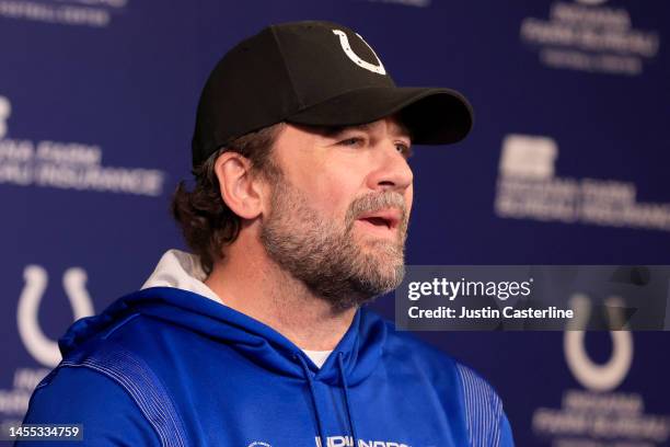 Interim head coach Jeff Saturday of the Indianapolis Colts speaks to media at a press conference at the Indiana Farm Bureau Football Center on...