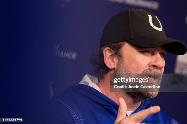 Interim head coach Jeff Saturday of the Indianapolis Colts speaks to media at a press conference at the Indiana Farm Bureau Football Center on...