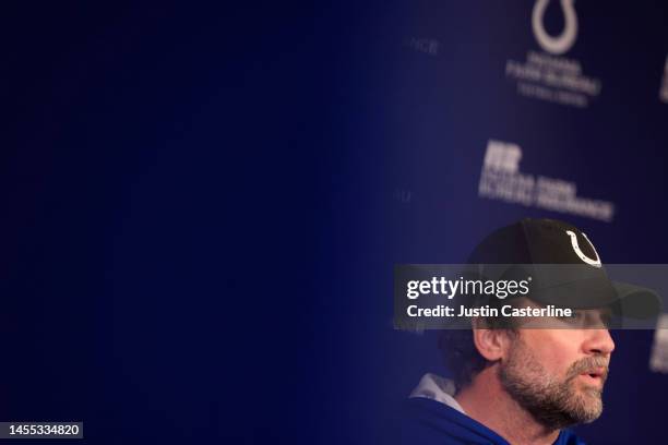 Interim head coach Jeff Saturday of the Indianapolis Colts speaks to media at a press conference at the Indiana Farm Bureau Football Center on...