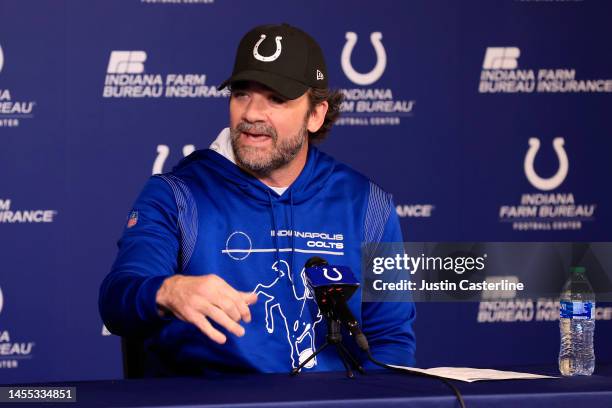 Interim head coach Jeff Saturday of the Indianapolis Colts speaks to media at a press conference at the Indiana Farm Bureau Football Center on...