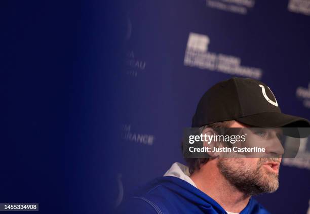 Interim head coach Jeff Saturday of the Indianapolis Colts speaks to media at a press conference at the Indiana Farm Bureau Football Center on...