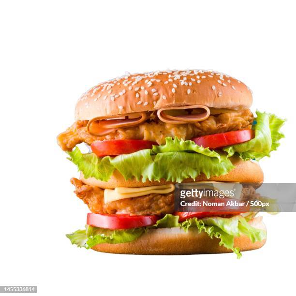 heavy loaded chicken burger with cheese and tomatoes,pakistan - kipburger stockfoto's en -beelden