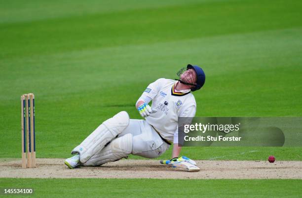 Durham batsman Ben Stokes is felled by a short ball during day three of the LV County Championship division one match between Durham and Lancashire...