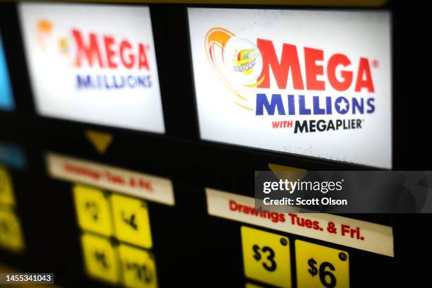 Lottery ticket vending machine offers Mega Millions tickets for sale on January 09, 2023 in Chicago, Illinois. The estimated value of Tuesday's Mega...