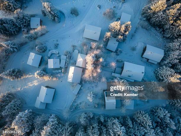 aerial view of a small settlement in the forest during winter - vorarlberg imagens e fotografias de stock