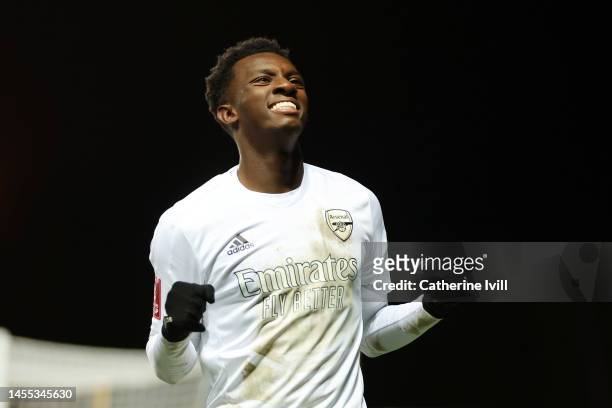 Eddie Nketiah of Arsenal celebrates after scoring the team's third goal during the Emirates FA Cup Third Round match between Oxford United and...