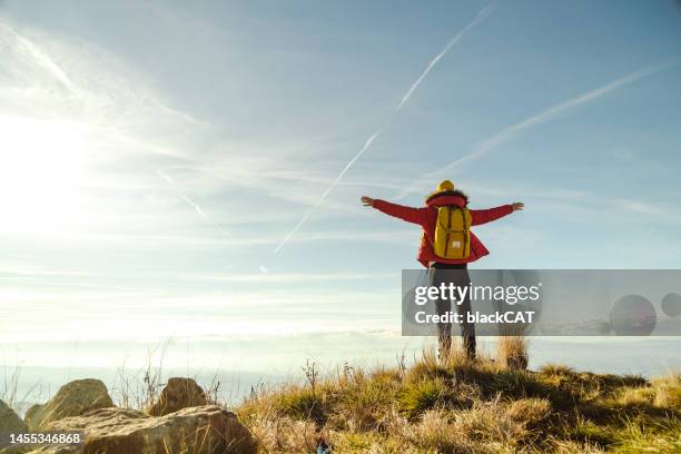 joven excursionista activa conquistó la cima de la montaña - arms outstretched fotografías e imágenes de stock