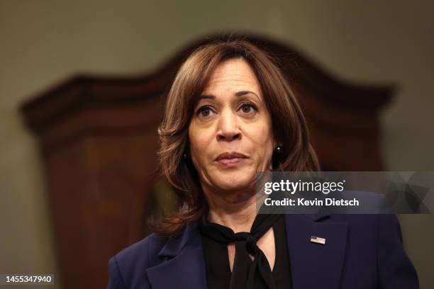 Vice President Kamala Harris speaks about the ongoing political turmoil in Brazil after ceremonially swearing-in Elizabeth Bagley as the U.S....