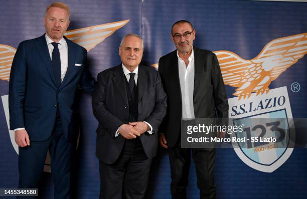 Igli Tare, Claudio Lotito and Maurizio Sarri pose as SS Lazio celebrate 123 years at the Rome Cavalieri on January 09, 2023 in Rome, Italy.