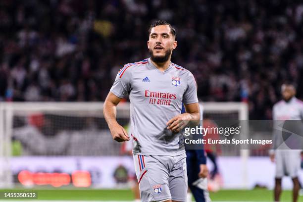Rayan Cherki of Lyon warming up during the Ligue 1 match between Olympique Lyonnais and LOSC Lille at Groupama Stadium on October 30, 2022 in Lyon,...