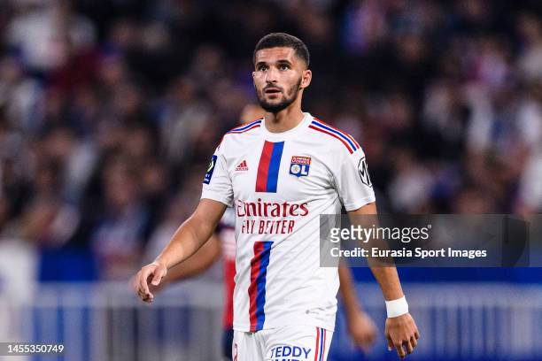 Houssem Aouar of Lyon walks in the field during the Ligue 1 match between Olympique Lyonnais and LOSC Lille at Groupama Stadium on October 30, 2022...