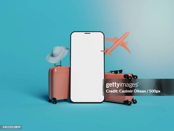 mockup of a cell phone with suitcases and an airplane,romania - bon voyage stock pictures, royalty-free photos & images