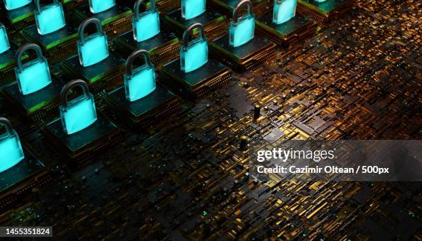 electronic board with microchips and luminous padlocks on top blockchain concept,romania - password strength stock pictures, royalty-free photos & images