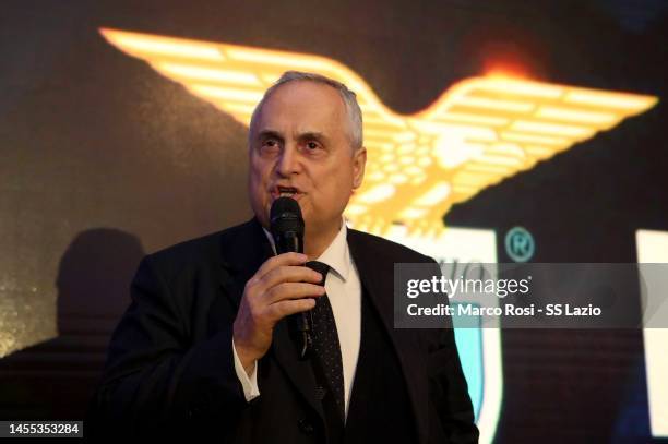 Claudio Lotito speacks attend as SS Lazio celebrate 123 years at the Rome Cavalieri on January 09, 2023 in Rome, Italy.