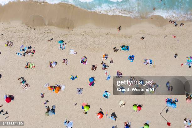 spain, majorca, aerial view of people relaxing on cala agulla beach - beach umbrella sand stock-fotos und bilder