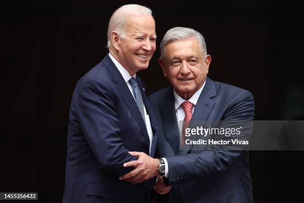 President Joe Biden and President of Mexico Andres Manuel Lopez Obrador shake hands during a welcome ceremony as part of the '2023 North American...