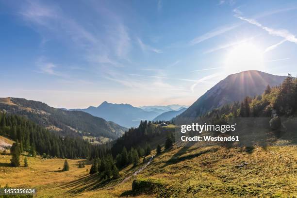 germany, bavaria, summer sun shining over valley in bavarian prealps - rotwand mountain stock pictures, royalty-free photos & images