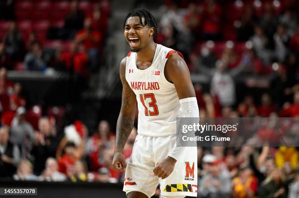 Hakim Hart of the Maryland Terrapins celebrates during the game against the Ohio State Buckeyes at Xfinity Center on January 08, 2023 in College...