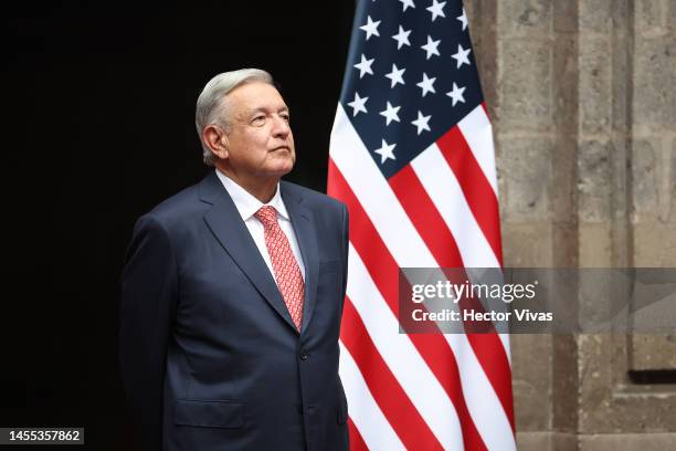 President of Mexico Andres Manuel Lopez Obrador looks on during a welcome ceremony as part of the '2023 North American Leaders' Summit at Palacio...