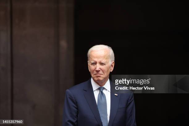 President Joe Biden looks on during a welcome ceremony as part of the '2023 North American Leaders' Summit at Palacio Nacional on January 09, 2023 in...