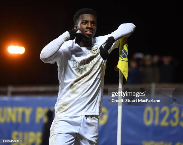 Eddie Nketiah celebrates scoring the 2nd Arsenal goal during the Emirates FA Cup Third Round match between Oxford United and Arsenal at Kassam...