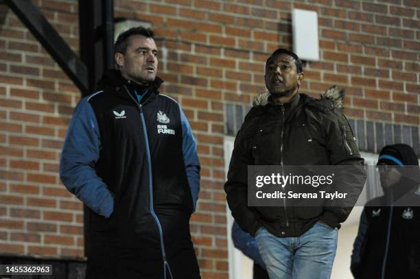 Head of the Newcastle United Academy Steve Harper chats to ex teammate Nolberto Solano during the Premier League 2 match between Newcastle United and...