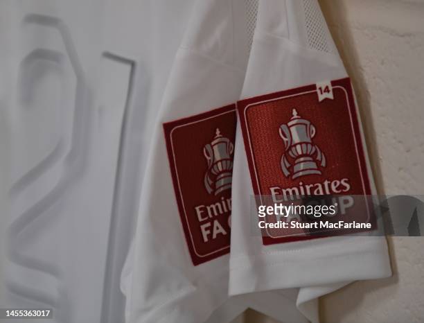 Arsenal shirts with FA Cup patches in the away changing room before the Emirates FA Cup Third Round match between Oxford United and Arsenal at Kassam...