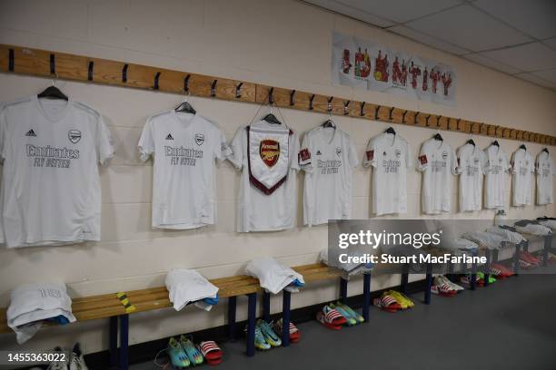 The Arsenal changing room with 'No More Red' shirts before the Emirates FA Cup Third Round match between Oxford United and Arsenal at Kassam Stadium...