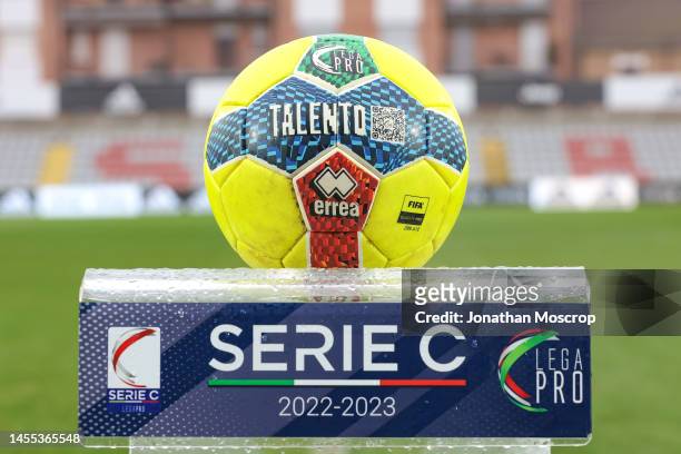 The Errea Official Serie C Lega Pro matchball sits on it's pedestal waiting to be collected by the referee prior to kick off in the Serie C group A...