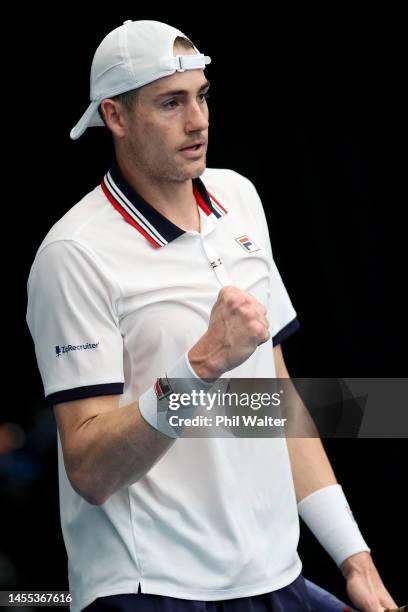 John Isner of the USA reacts during his singles match against Gregoire Barrere of France during day two of the 2023 ASB Classic Men's at the ASB...