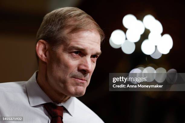 Rep. Jim Jordan speaks during an on-camera interview near the House Chambers during a series of votes in the U.S. Capitol Building on January 09,...