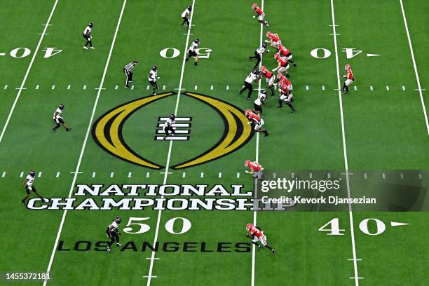 View of the National Championship logo on the field as the Georgia Bulldogs run a play against the TCU Horned Frogs in the College Football Playoff...