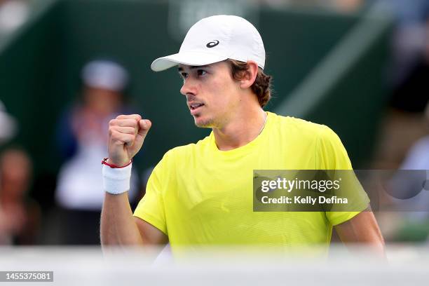 Alex de Minaur of Australia celebrates set point after winning the first set during day one of the 2023 Kooyong Classic at Kooyong on January 10,...