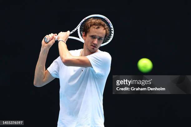 Daniil Medvedev of Russia plays a backhand during a practice session ahead of the 2023 Australian Open at Melbourne Park on January 10, 2023 in...