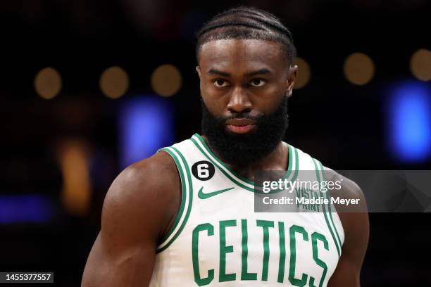 Jaylen Brown of the Boston Celtics looks on during the first half against the Chicago Bulls at TD Garden on January 09, 2023 in Boston,...