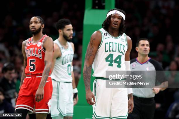 Robert Williams III of the Boston Celtics looks on during the first half of the game against the Chicago Bulls at TD Garden on January 09, 2023 in...