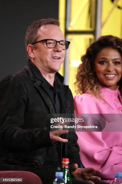 Kiefer Sutherland and Meta Golding speak on stage during TCA Paramount+ “Rabbit Hole” Panel at The Langham Huntington, Pasadena on January 09, 2023...