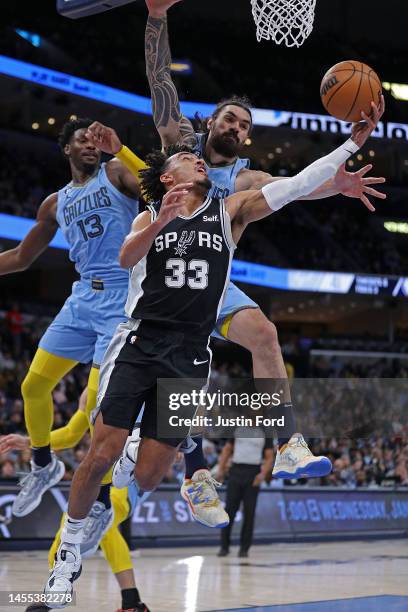 Tre Jones of the San Antonio Spurs goes to the basket against Steven Adams of the Memphis Grizzlies during the first half at FedExForum on January...