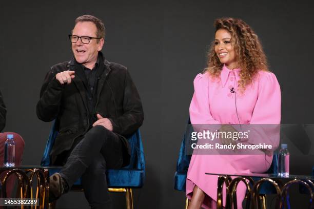 Kiefer Sutherland and Meta Golding speak on stage during TCA Paramount+ “Rabbit Hole” Panel at The Langham Huntington, Pasadena on January 09, 2023...