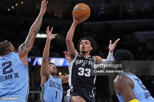 Tre Jones of the San Antonio Spurs shoots against the Memphis Grizzlies during the first half at FedExForum on January 09, 2023 in Memphis,...