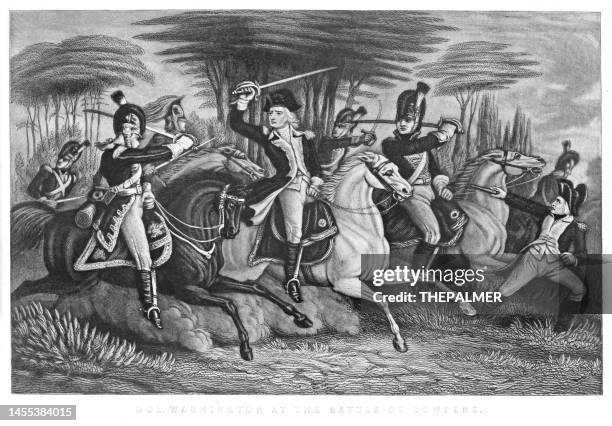president george washington at the battle of cowpens engraving 1898 - george washington stock illustrations