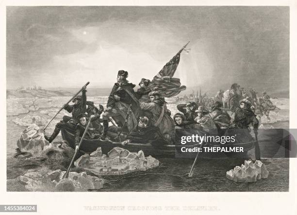 illustrazioni stock, clip art, cartoni animati e icone di tendenza di il presidente george washington attraversa l'incisione del delaware 1898 - george washington