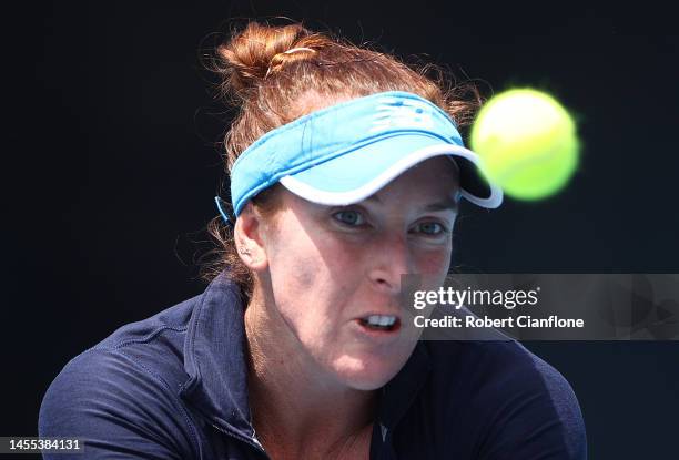 Madison Brengle of the USA competes in her first round match against Bernarda Pera of the USA during day two of the 2023 Hobart International at...