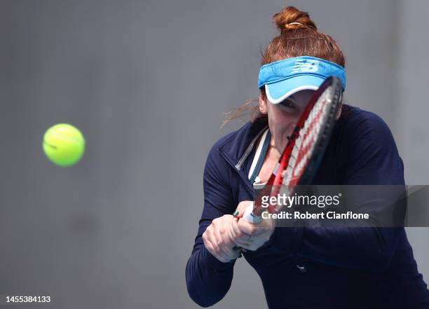 Madison Brengle of the USA competes in her first round match against Bernarda Pera of the USA during day two of the 2023 Hobart International at...