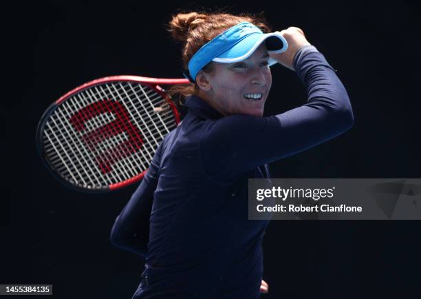 Madison Brengle of the USA competes in her first round match against Bernarda Pera of the USA during day two of the 2023 Hobart International at...