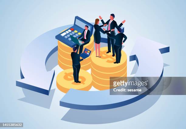 financial industry, banking, financial or stock market, investment planning, tax statistics, isometric businessmen standing inside a pile of gold coins surrounded by circulation for statistical auditing work - financial literacy stock illustrations