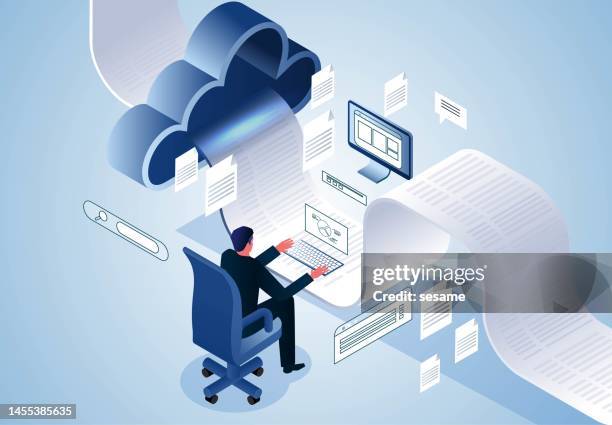 isometric merchants perform document processing, file transfer, data analysis, remote work, document report statistics, tax audits, etc. in the computer cloud - cloud server security stock illustrations