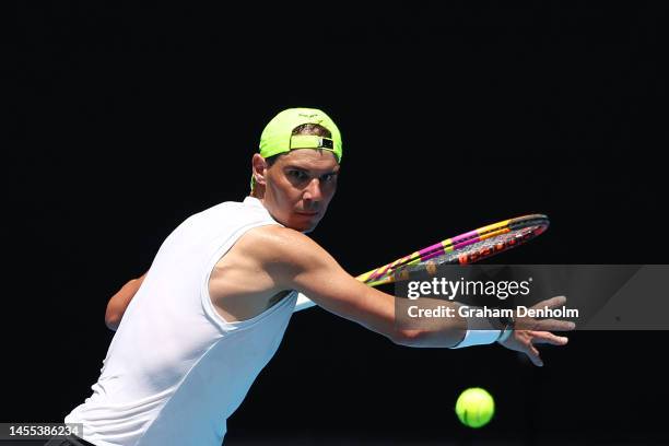 Rafael Nadal of Spain plays a forehand during a practice session ahead of the 2023 Australian Open at Melbourne Park on January 10, 2023 in...