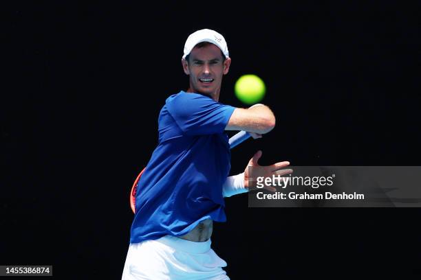 Andy Murray of Great Britain plays a forehand during a practice session ahead of the 2023 Australian Open at Melbourne Park on January 10, 2023 in...