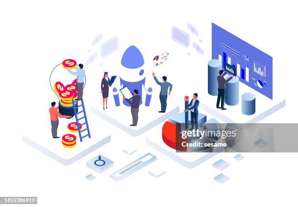 team starts new project, idea and investment, project start-up, brainstorming, operation and marketing data statistics, data analysis and management - big tech money stock illustrations